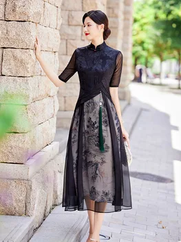 Yourqipao 2023, Новый китайский женский Чонсам, ретро Черные Длинные Традиционные вечерние платья для мамы, костюм Hanfu Tang, юбка