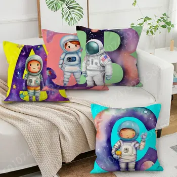 Акварельный мультфильм Астронавт с английскими буквами, подушка из полиэстера, наволочка из персиковой кожи, украшение для дома, эстетическая наволочка