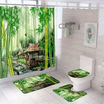 Бамбуковый лесной пейзаж, набор для ванной комнаты, занавеска для душа, нескользящий коврик, крышка для коврика для ванной, крышка для унитаза, занавеска для ванны с птицами, зеленое растение, фермерский дом
