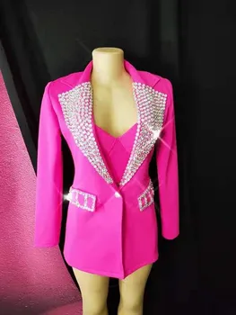 Бар ночной клуб для женщин певица танцор костюм розово-фиолетовые кристаллы пальто бикини 3 шт набор Джаз DJ этап шоу танцевальные костюмы 