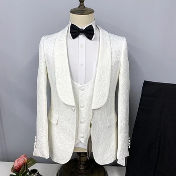 Белый свадебный костюм для мужчин, Блейзер, Жаккардовая ткань, куртка, Брюки, Жилет, три предмета, Королевский синий деловой костюм Homme Slim Fit
