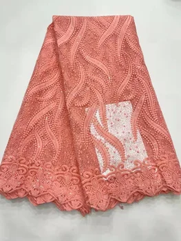 Бесплатная доставка, Африканская кружевная ткань с пайетками, Высококачественная вышитая французская тюлевая кружевная ткань для модного платья, 5 ярдов