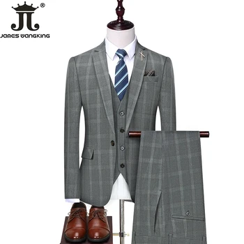(Блейзер + жилет + брюки), модный бутик, мужской Классический клетчатый повседневный деловой костюм высокого класса, официальный костюм, 3 шт., комплект для свадьбы жениха