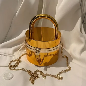 Блестящие Цилиндрические сумки-тоут для женщин, Акриловая Модная Роскошная сумочка на цепочке, Необычная жесткая сумка для вечеринки с зеркалом, женская сумка через плечо