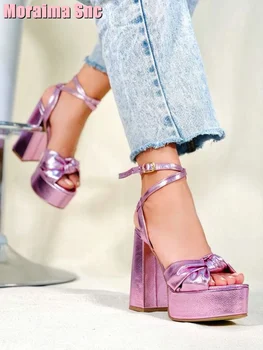 Босоножки на платформе с открытым Носком, Декорированные узлом, Женская обувь на очень высоком каблуке с перекрестной пряжкой на лодыжках, Лето 2023, Мода Фиолетового цвета, однотонные