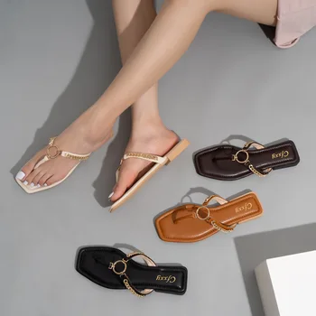Брендовые женские тапочки, Пляжные Шлепанцы на цепочке с круглой пряжкой, Женская модная дизайнерская обувь с квадратным носком 2022 года выпуска, женские сандалии