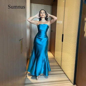Вечерние платья Sumnus Blue Mermaid Из Однотонного атласа Без бретелек Вечерние Платья Robe de Soiree Длиной до пола Вечернее платье для выпускного вечера 2023