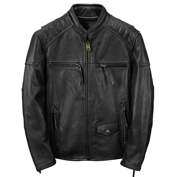 Винтажная черная мужская осенняя куртка Размера плюс 5XL в мотоциклетном стиле из натуральной воловьей кожи, весенние приталенные пальто из натуральной кожи