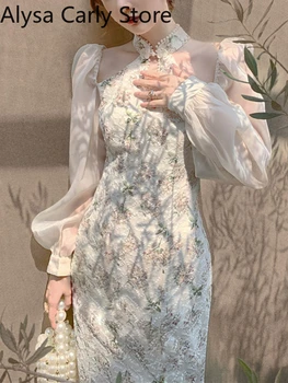 Винтажное Элегантное платье Чонсам, Женское платье с цветочной вышивкой, Праздничное платье Феи, Женское Весеннее платье в стиле Ретро с разрезом 2022