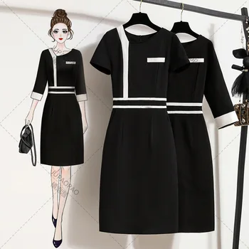 Высококачественная профессиональная женская одежда для офисных зданий, черно-белое платье с воротником средней длины, рабочая одежда jupaopao