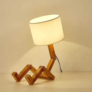 Деревянная настольная лампа в форме робота для спальни E27, держатель лампы 110-240 В, Современная настольная лампа из дерева в стиле Арт-арт, ночник для кабинета в помещении