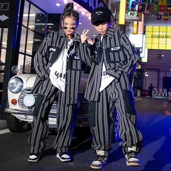 Детская одежда в стиле хип-хоп, Джинсовая рубашка в черную полоску, куртка, Повседневные уличные брюки-карго для девочек и мальчиков, костюм для джазовых танцев, одежда, наряды