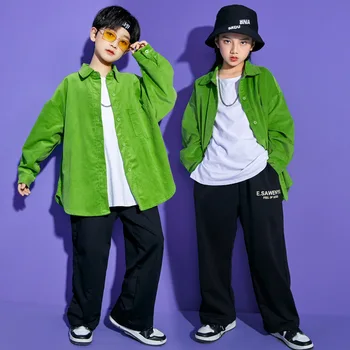 Детская одежда в стиле хип-хоп, Зеленая рубашка оверсайз, майка, Черная уличная одежда, Повседневные брюки для девочек, мальчиков, Джазовый танцевальный костюм, одежда