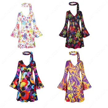диско-платья 70-х годов для женщин, Диско-костюм на Хэллоуин, платье с принтом хиппи, диско-наряд 70-х годов для женщин, праздничные костюмы