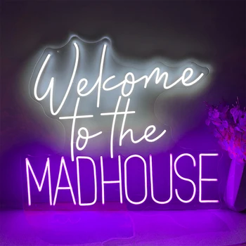 Добро пожаловать в Madhouse Светодиодная неоновая вывеска для украшения Хэллоуина, Неоновые огни для Фестиваля призраков, Дом с привидениями, декор стен в комнате для вечеринок