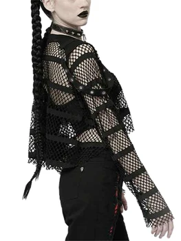 Женская винтажная кружевная укороченная блузка в готическом стиле, Топы с круглым вырезом и длинными рукавами, прозрачная сетчатая открытая футболка, Y2K, одежда в стиле панк