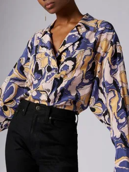 Женская рубашка с отложным воротником и цветочным принтом из 100% шелка, однобортная, ранняя осень 2023, Женская элегантная блузка с карманами