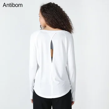 Женская спортивная футболка Antibom с длинным рукавом и круглым вырезом, быстросохнущие рубашки для йоги, Свободная сексуальная одежда для фитнеса с открытой спиной