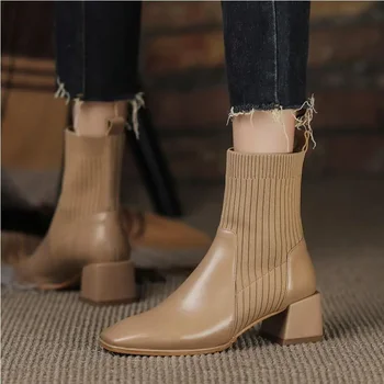 Женские ботинки Martin, новинка 2023 года, осенне-зимние эластичные сапоги-чулки на среднем каблуке с квадратным носком, мягкая кожа, Средняя тонкая трубка