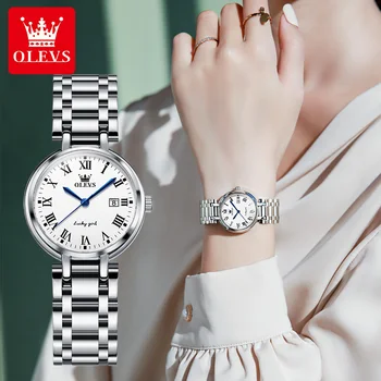 Женские кварцевые наручные часы с ремешком из нержавеющей стали OLEVS 5575, Модные часы для женщин, Календарь, Водонепроницаемый