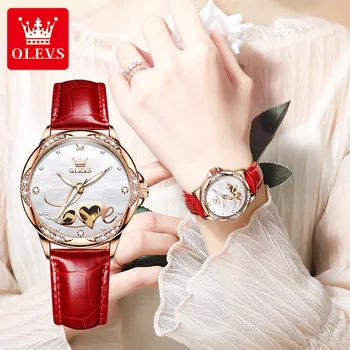 Женские механические часы OLEVS с керамическим Красным кожаным ремешком, оригинальные наручные часы с автоматическим скелетоном и бриллиантами, Элегантные женские часы