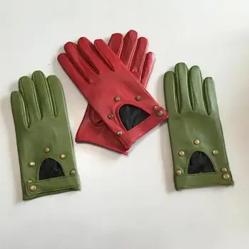 Женские перчатки из натуральной кожи с заклепками в стиле панк, женские перчатки из натуральной кожи с отверстиями, Красные, зеленые, мотоциклетные перчатки для вождения R749