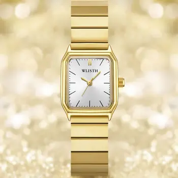 Женские роскошные деловые кварцевые часы с квадратным уникальным циферблатом из нержавеющей стали, наручные часы для дам, золотой браслет, часы 2023
