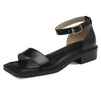 Женские сандалии в римском стиле в стиле ретро с ремешком на щиколотке, Лето 2023, Плоский низкий каблук, натуральная кожа, Женские туфли большого размера 43, Женская обувь