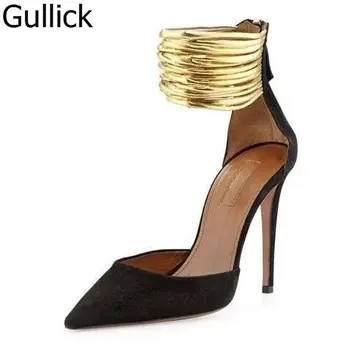 Женские туфли-лодочки с однотонным черным модельным платьем, базовые золотые ремешки на щиколотке, застежка-молния, острый носок, женские туфли на тонком высоком каблуке, бесплатная доставка