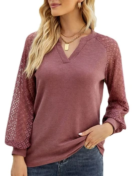Женский однотонный пуловер с V-образным вырезом и длинным рукавом, кружевная футболка, топы на весну