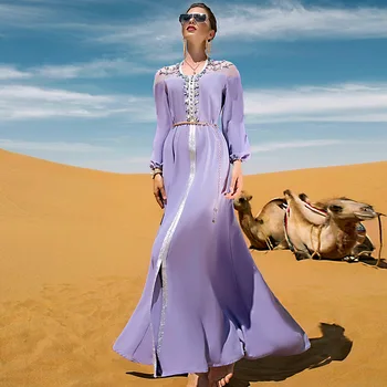 Женское весенне-летнее Мусульманское Модное Фиолетовое платье Fairy Water с бриллиантами в Дубае, дизайнерское чувственное платье с поясом