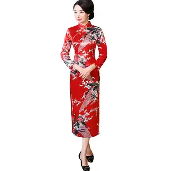 Женское Китайское платье с длинным Разрезом в виде Павлина с рукавом 3/4, Сценическое Шоу Миди, Облегающее Платье