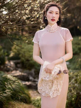 Женское летнее платье в стиле ретро с коротким рукавом, Элегантная повседневная одежда, Чонсам с двойной планкой, Светло-розовый китайский Ципао