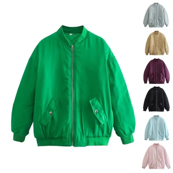 Женское пальто, 7 цветов, Модные куртки оверсайз для девочек, с карманами, на молнии спереди, Винтажная длинная бейсбольная куртка с круглым вырезом для дам