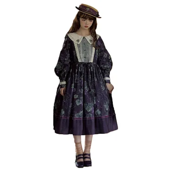 Женское платье в стиле Милой Лолиты с круглым воротником и цветочным рисунком Винограда, Придворный наряд принцессы, Винтажная одежда