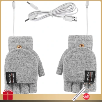 Зимние двухсторонние перчатки с USB-подогревом на полпальца, Шерстяные теплые варежки без пальцев, перчатки с подогревом для лыжной рыбалки 5 В
