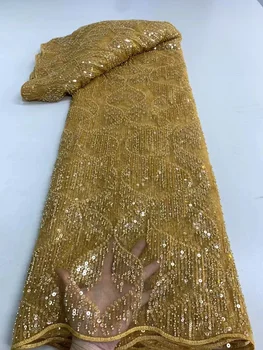 Золотая Африканская Кружевная ткань 2023 Высококачественный Кружевной Материал В Нигерийском стиле Французские блестки, расшитые бисером Кружевная ткань для пошива свадебного платья