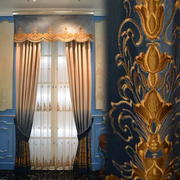 Изготовленные на заказ шторы Американская современная высококачественная синель для спальни простая кашемировая синяя ткань плотный занавес тюлевая драпировка