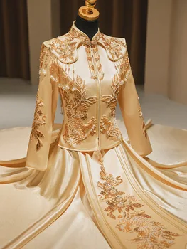 Изысканный свадебный костюм с вышивкой Феникса, расшитый бисером и кисточками, Китайское свадебное платье, Восточная одежда для невесты и жениха