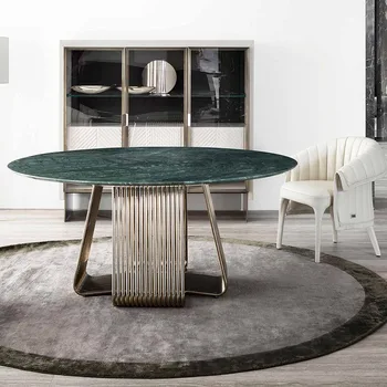 Итальянский Легкий Роскошный Обеденный стол из натурального мрамора, Круглый из нержавеющей стали