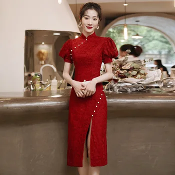 Китайский Стиль Qipao Cheongsam Винтажное Классическое Китайское платье с воротником-стойкой, Сексуальное Бордовое Кружевное платье с разрезом по Высоте, Вечернее платье для вечеринки