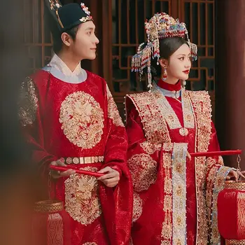 Китайское Свадебное платье Для женщин и мужчин, Древнее Традиционное платье Hanfu Red Phoenix Guanxia, Свадебное платье Жениха и Невесты для пар