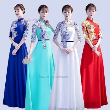 китайское традиционное платье 2023 года, винтажное ципао, кружевное платье с вышивкой в виде национального цветка, восточный чонсам, вечернее платье для банкета, vestido