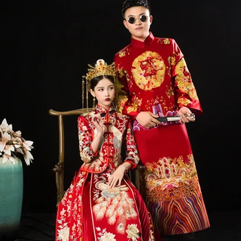 Китайское Традиционное Свадебное платье Для мужчин И Женщин, Изысканный костюм для пары с вышивкой, Винтажная Одежда для поджаривания Невесты, Большой размер S-10XL