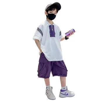 Комплекты одежды для мальчиков, лидер продаж, Цветная лоскутная рубашка-поло + Шорты из хлопка, 2 шт. для детей, повседневная корейская летняя удобная одежда