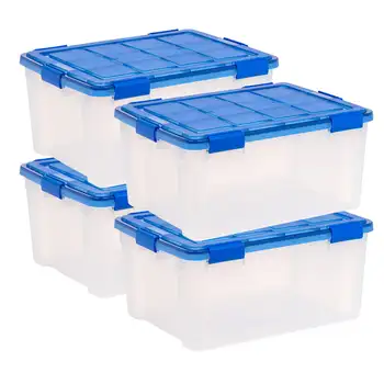 Коробка для хранения с прозрачной пластиковой прокладкой WeatherPro ™ объемом 60 литров с крышкой, синяя, набор из 4 штук