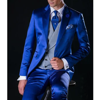 Королевский Синий Атласный Мужской костюм для Свадьбы с Серым жилетом, приталенные Смокинги для жениха, Мужская мода, 3 предмета (куртка + жилет + брюки)