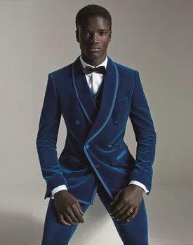 Костюм Homme Последних разработок, Королевский синий Бархатный мужской костюм, Двубортный Приталенный Смокинг из 3 предметов, Одежда для выпускного вечера на заказ