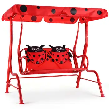 Красная детская скамейка-качели для патио с навесом для ремня безопасности, уличная мебель
