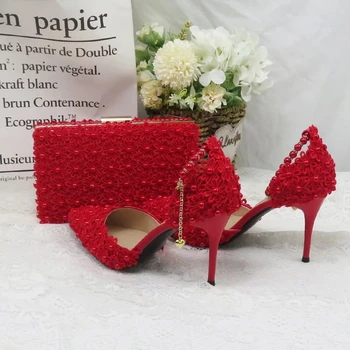 Красные Женские свадебные туфли, Босоножки на тонком каблуке, Кружевной ремешок на щиколотке с цветочным узором, Острый носок, женские вечерние модельные туфли и сумка для невесты на высоком каблуке